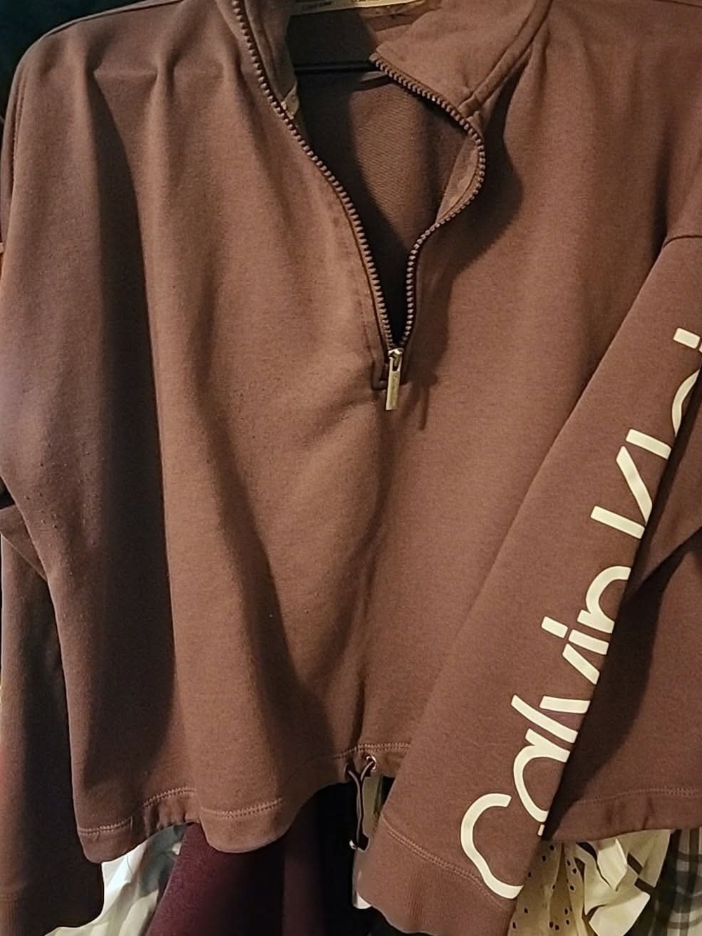 Calvin Klein Mauve And White Crop Pullover with Sleeve Logo